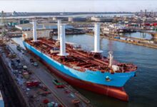 eSAILs installed on the Maersk Trieste tanker at port.