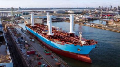 eSAILs installed on the Maersk Trieste tanker at port.