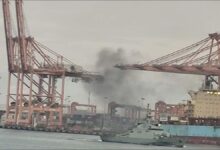 Container ships docked at the Port of Salalah with cranes operating.