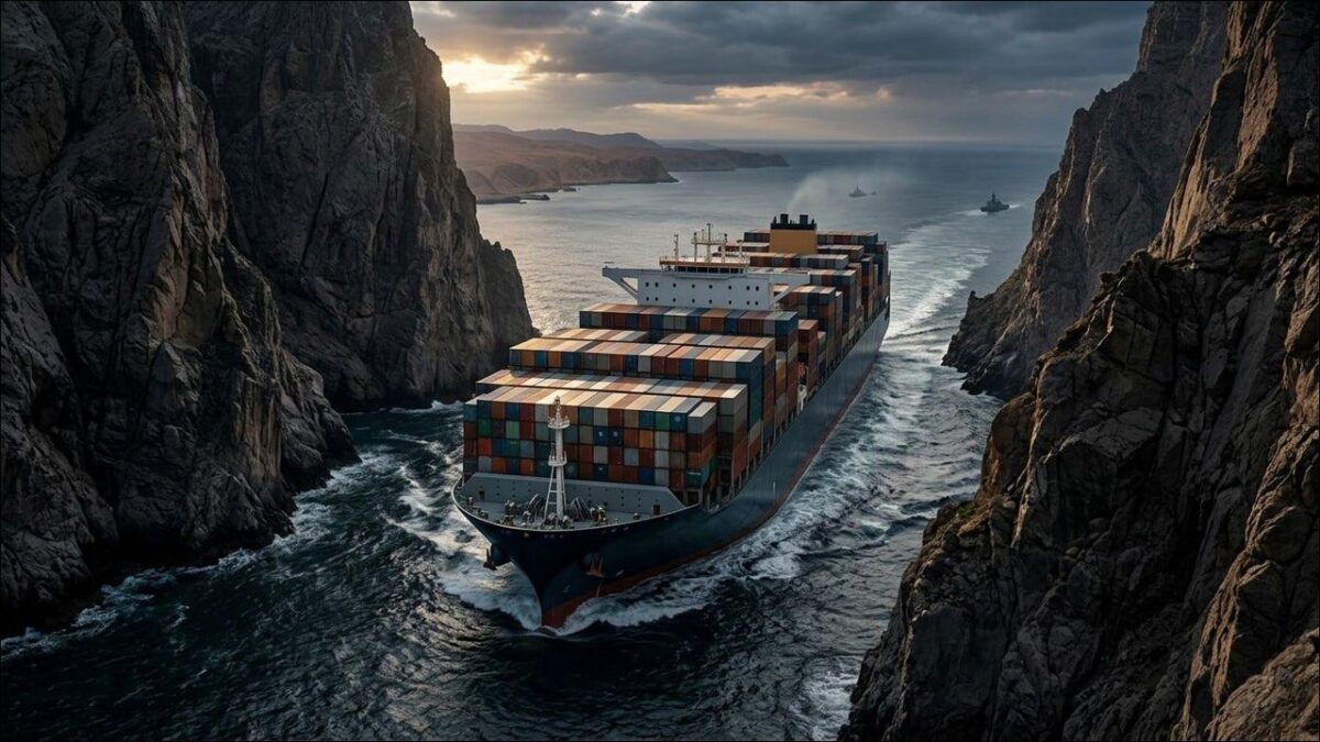 A large container ship traverses a strategic maritime strait, central to global trade routes.