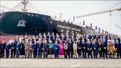 A large LR2 tanker, possibly the Frontier Venture, sails on the open sea.