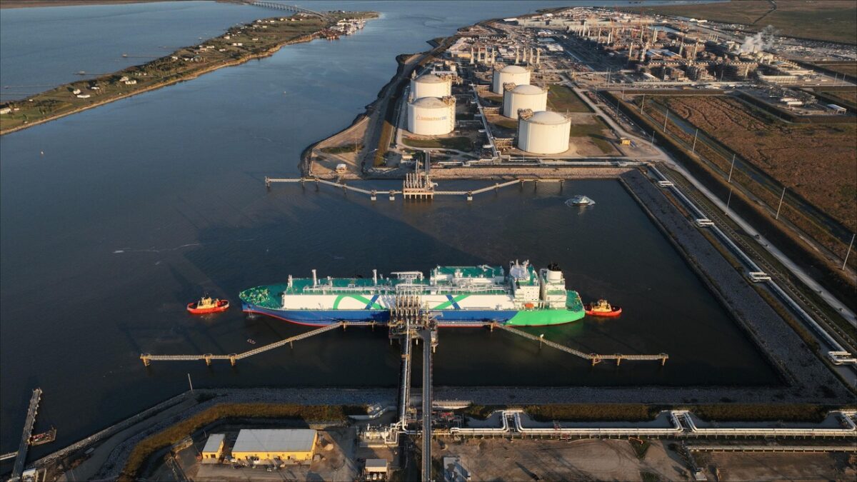 LNG tanker Imsaikah docked at the Golden Pass LNG export terminal in Texas.