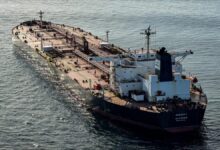 A large oil tanker at sea, representing a Russian 'shadow fleet' vessel.