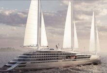 Concept art of Ponant's Swap2Zero low-emission cruise ship with solid sails.