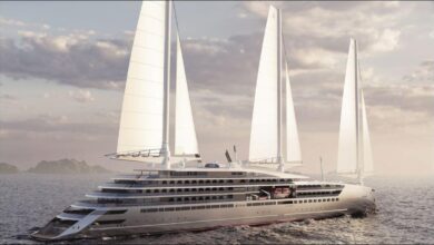 Concept art of Ponant's Swap2Zero low-emission cruise ship with solid sails.