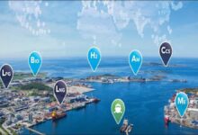 A large LNG-fueled container ship sailing on open waters.