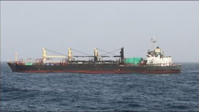 A large bulker engulfed in thick smoke and flames from a fire at sea.
