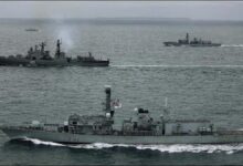 Royal Navy frigates HMS Somerset and HMS St Albans track Russian warship Severomorsk at sea.