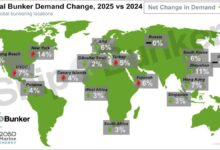 A large container ship crosses the sea, representing global marine fuel demand.