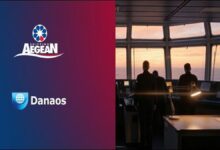 Aegean Shipping and Danaos logos side-by-side, announcing their AI-powered maritime assistant collaboration.