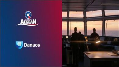 Aegean Shipping and Danaos logos side-by-side, announcing their AI-powered maritime assistant collaboration.