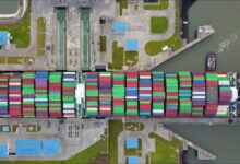 Aerial view of container ships transiting the Panama Canal.