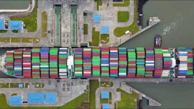 Aerial view of container ships transiting the Panama Canal.