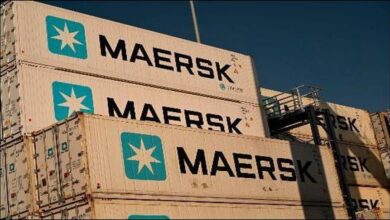 A large container ship crosses open waters, illustrating global shipping and maritime trade.