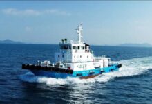 Japan's world-first hydrogen and biofuel tugboat navigating the ocean.