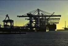 Large cranes and containers at APMT terminal, Port of Rotterdam.