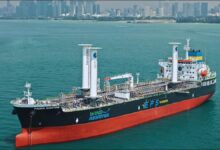 EPS's wind-assisted tanker Pacific Sunstone sailing on the ocean.