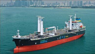 EPS's wind-assisted tanker Pacific Sunstone sailing on the ocean.