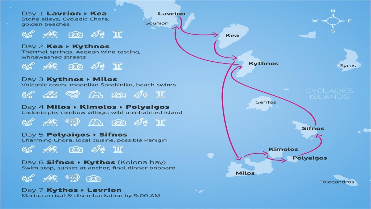 Map showing the Cyclades islands and cruise routes in the Greek Aegean Sea.
