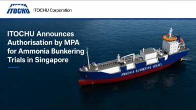 Itochu ZETA Bunkering vessel performing ammonia trials in a Singapore port.