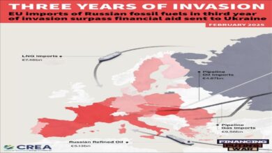 Graphic illustrating global fossil fuel trade and its impact during the third year of Russia's invasion.