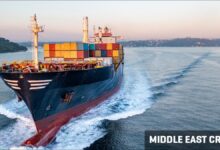 A large container ship loaded with cargo, vital for global supply chains.