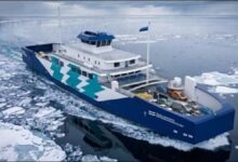 Illustration of Estonia's new fully electric ferry sailing through cold Baltic waters.