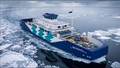 Illustration of Estonia's new fully electric ferry sailing through cold Baltic waters.