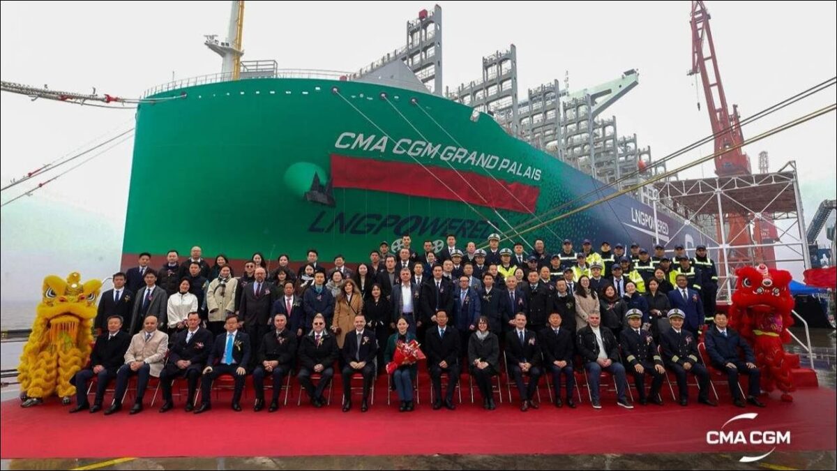 A vast CMA CGM containership sails through calm waters for the Asia-Europe service.