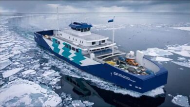 A modern electric passenger ferry on the water, representing Estonia's new vessel.