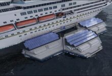 ELIRE's floating hydrogen power hub providing sustainable shore power in a modern port.