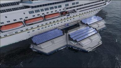 ELIRE's floating hydrogen power hub providing sustainable shore power in a modern port.