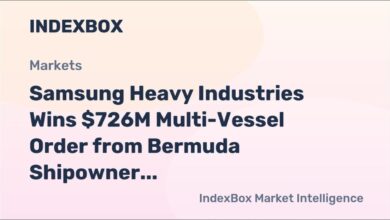 Large cargo ship sails on the ocean, representing new vessel contracts for Samsung Heavy Industries.
