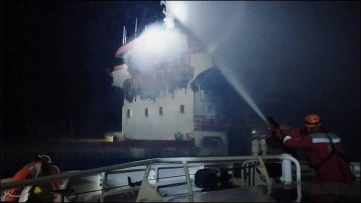 Damaged merchant ship with visible impact, reflecting ongoing attacks in the Black Sea.