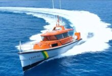 Damen SARs 1605 FRP search and rescue vessel flying the Brazilian Navy flag at sea.