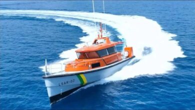 Damen SARs 1605 FRP search and rescue vessel flying the Brazilian Navy flag at sea.