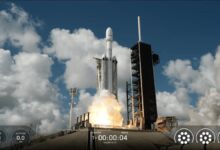 Falcon Heavy rocket launching the ViaSat-3 satellite into space.