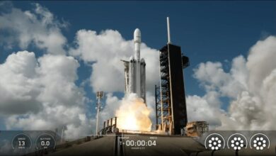 Falcon Heavy rocket launching the ViaSat-3 satellite into space.