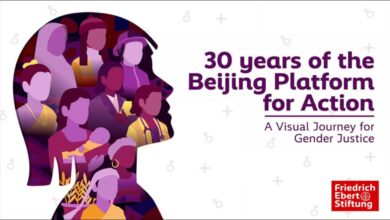 Graphic celebrating International Women's Day 2025 and Beijing+30, empowering women and girls.
