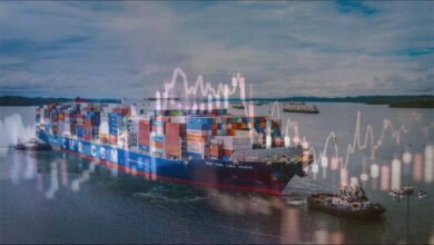 Stacked shipping containers and cranes at a busy logistics port.