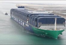 The LNG-fuelled CMA CGM Grand Palais boxship navigates the Suez Canal.