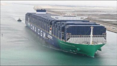 The LNG-fuelled CMA CGM Grand Palais boxship navigates the Suez Canal.