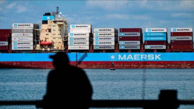 A large container ship navigates a waterway, likely the Panama Canal, under a bridge.