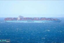 A large blue container ship, typical of Maersk's fleet, sails on the sea.