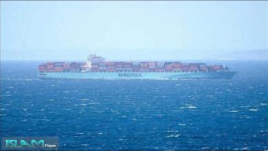 A large blue container ship, typical of Maersk's fleet, sails on the sea.