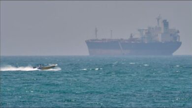 An oil tanker navigates the strategic Strait of Hormuz waterway.