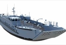 An Austal USA LCU 1700 landing craft utility vessel for the US Navy at sea.
