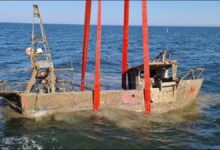 The fishing vessel Nicola Faith wreck being recovered for marine investigation training.