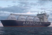 Modern ammonia carrier vessel at sea, representing future marine fuels.