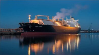 A Dynagas LNG tanker sails on the ocean, representing the company's shipping operations.